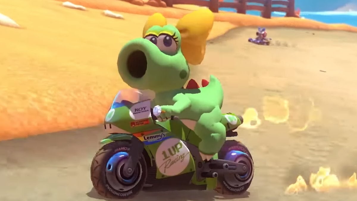 Birdo riding a bike in Mario Kart 8 Deluxe
