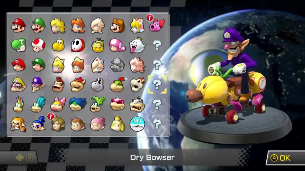The Mario Kart 8 Deluxe Character Select Screen