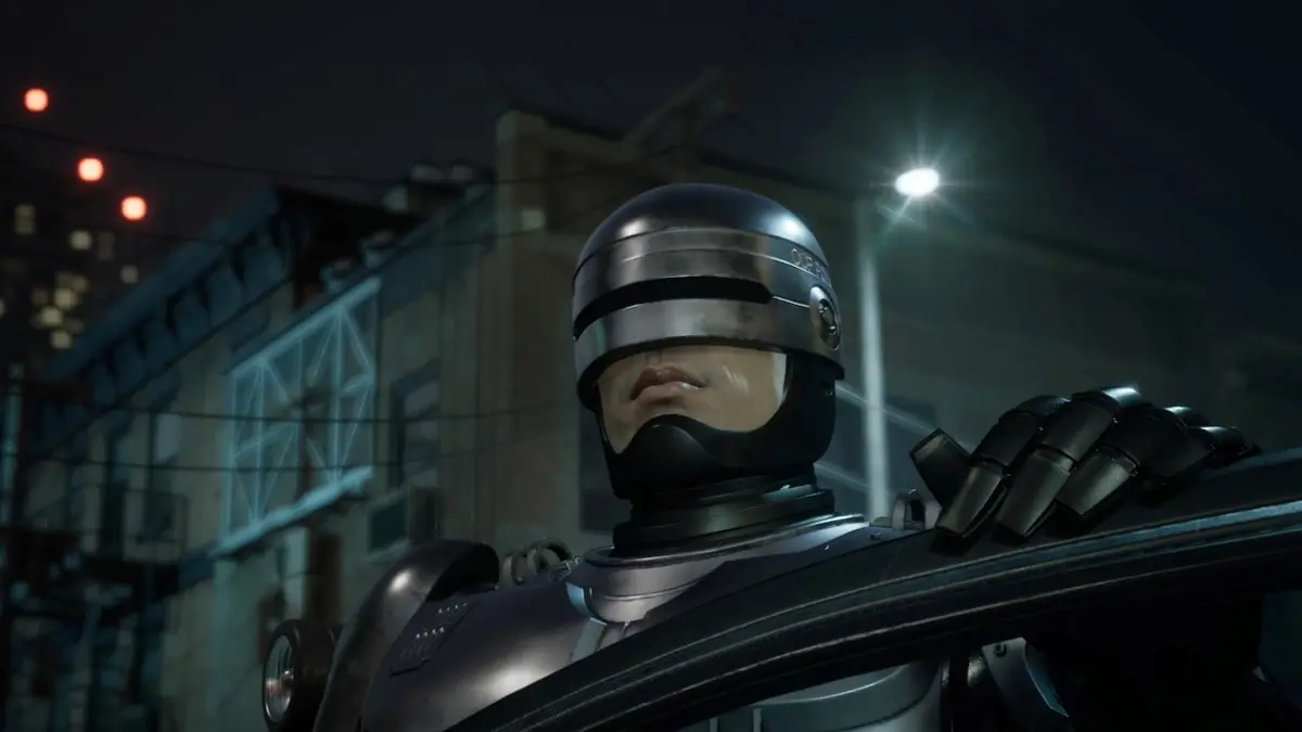 Robocop stepping out of a car in Rogue City.