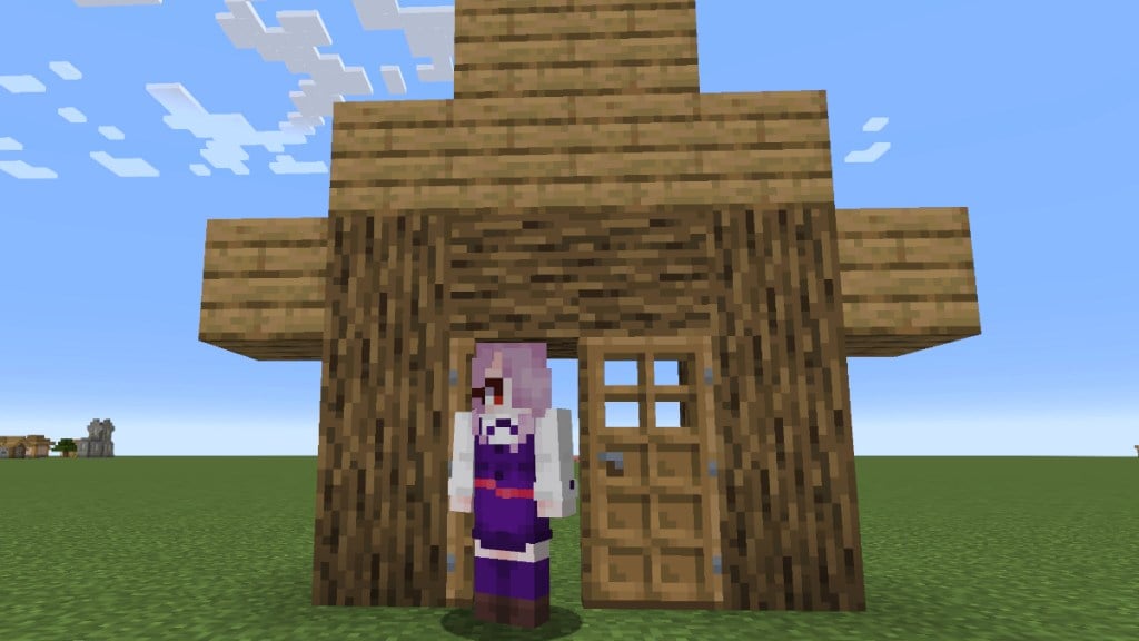 Standing in a oak house frame in Minecraft
