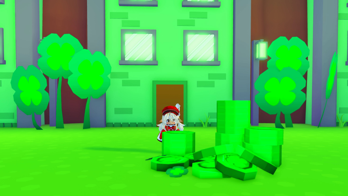 Standing near a pile of Clover Coins in Roblox Pet Simulator X