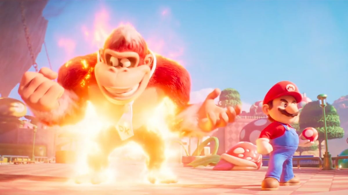 Donkey Kong using a Fire Flower in The Super Mario Bros. Movie