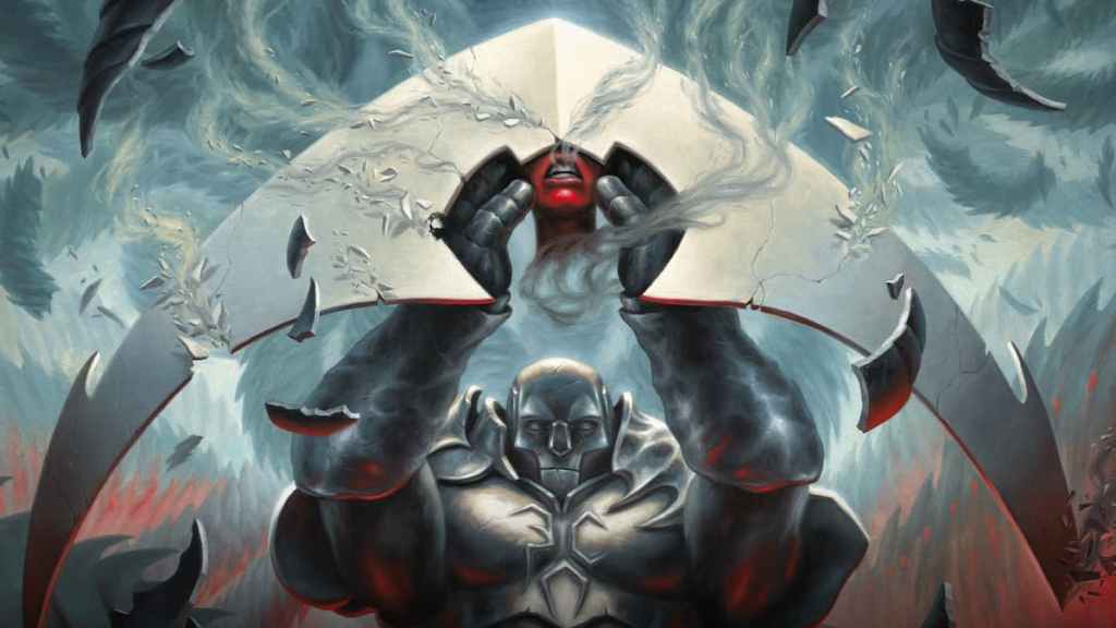 Elesh Norn's head in key art for MTG's March of the Machine: The Aftermath set