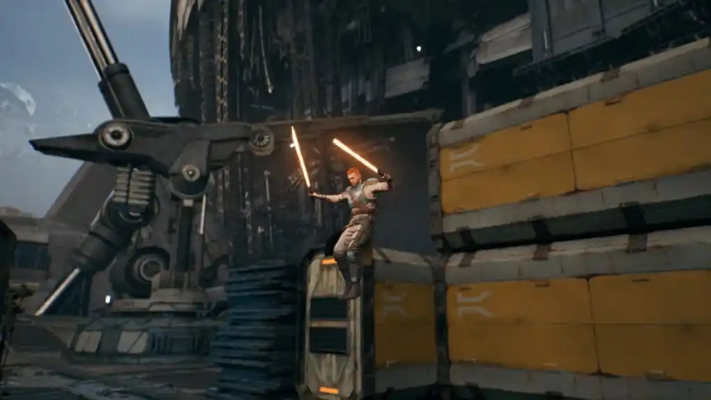 Jedi Survivor screenshot of Cal jumping outside the lucrehulk's loading gantry