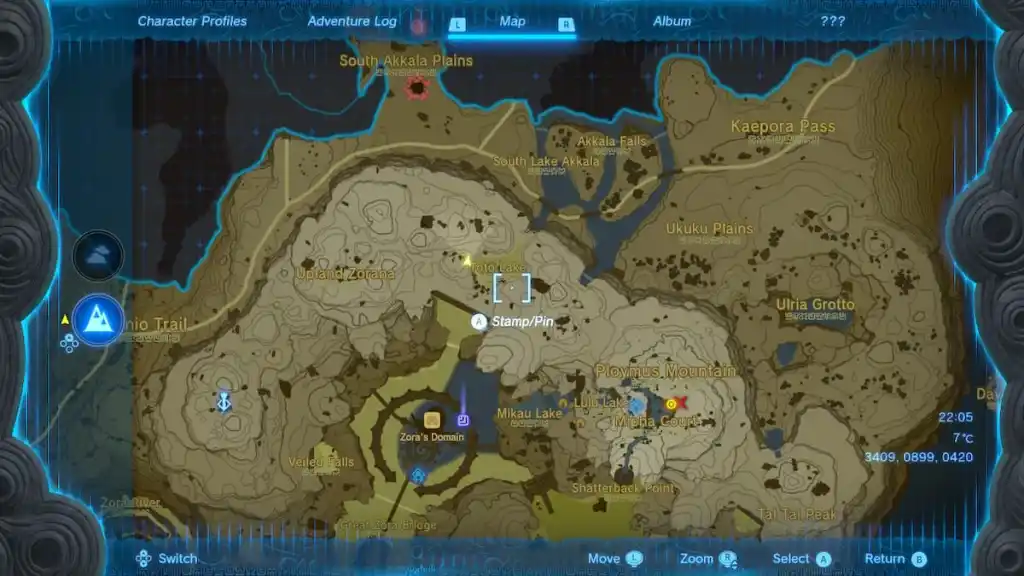 Расположение озера Тото на карте в The Legend of Zelda Tears of the Kingdom