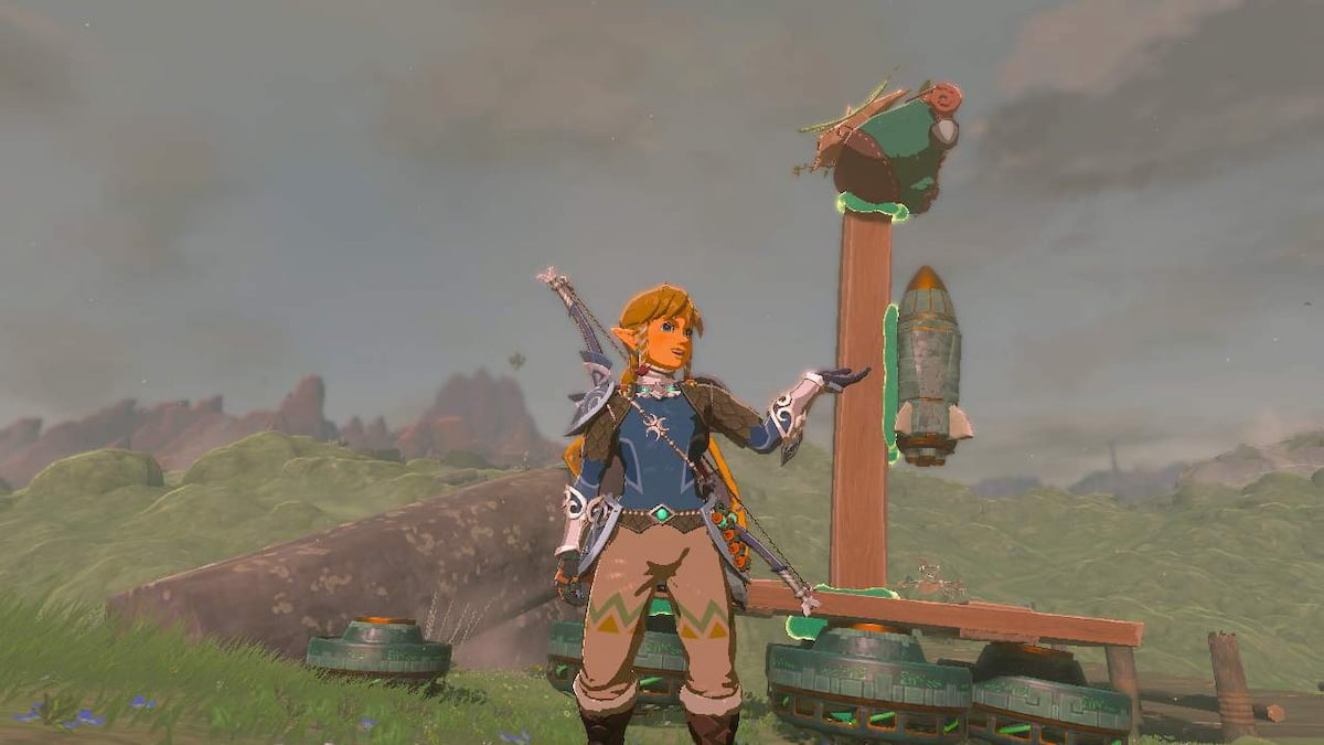 A Korok strapped to a rocket in Tears of the Kingdom