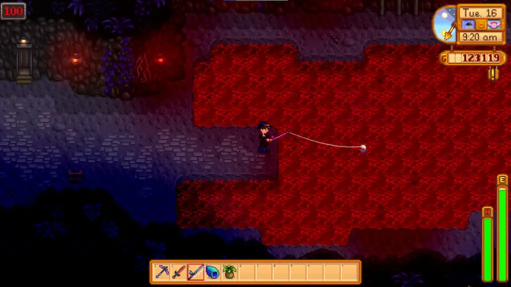 Fishing in a red lake in Stardew Valley