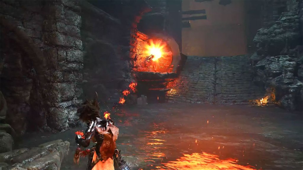 Screenshot showing the pyromancy skill in action from Lords of the Fallen