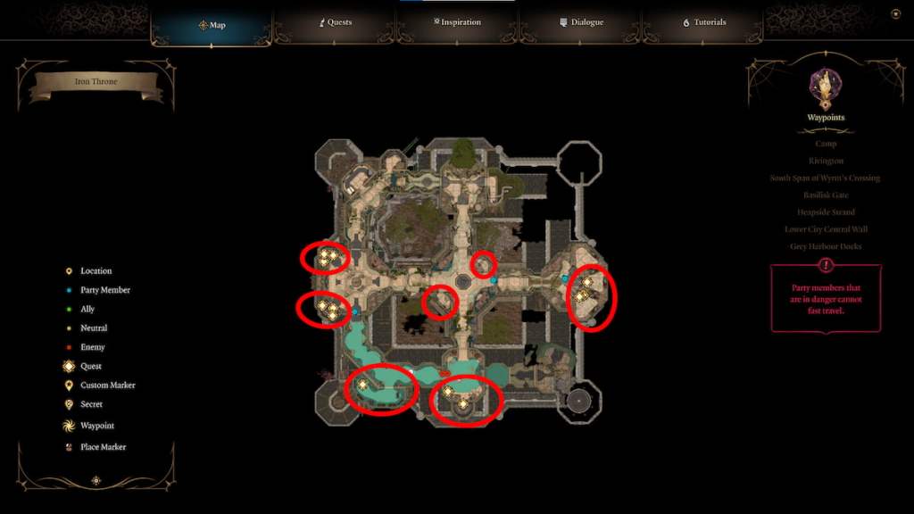 BG3 screenshot of the Iron Throne map with red circles overlaid atop all prisoner cells