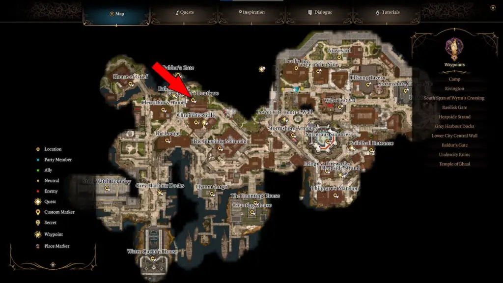 BG3 screenshot of the lower city map with a red arrow overlaid atop the facemaker's boutique clothes shop location