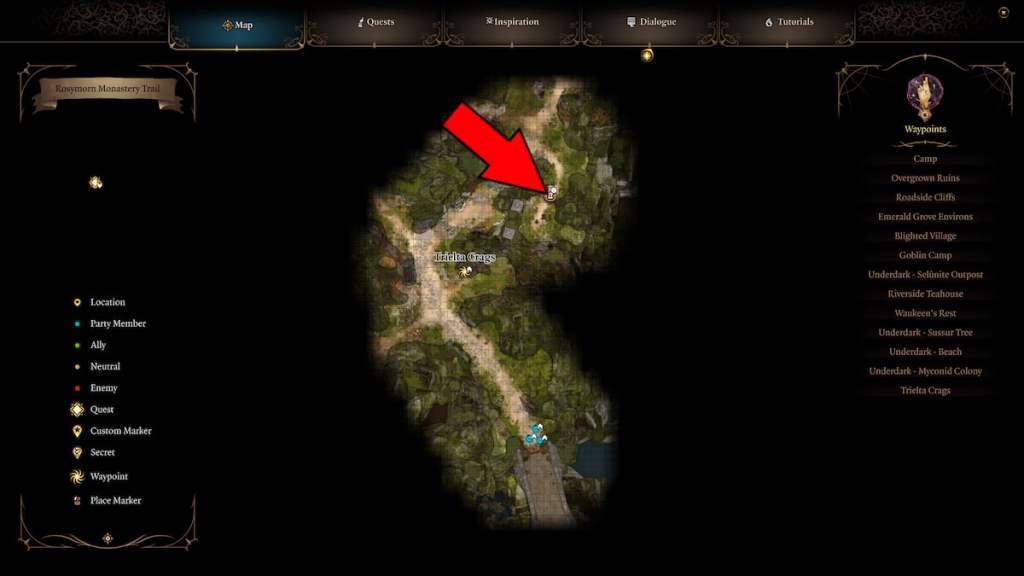 BG3 screenshot of the mountain pass map with a red arrow overlaid atop the armor vendor location