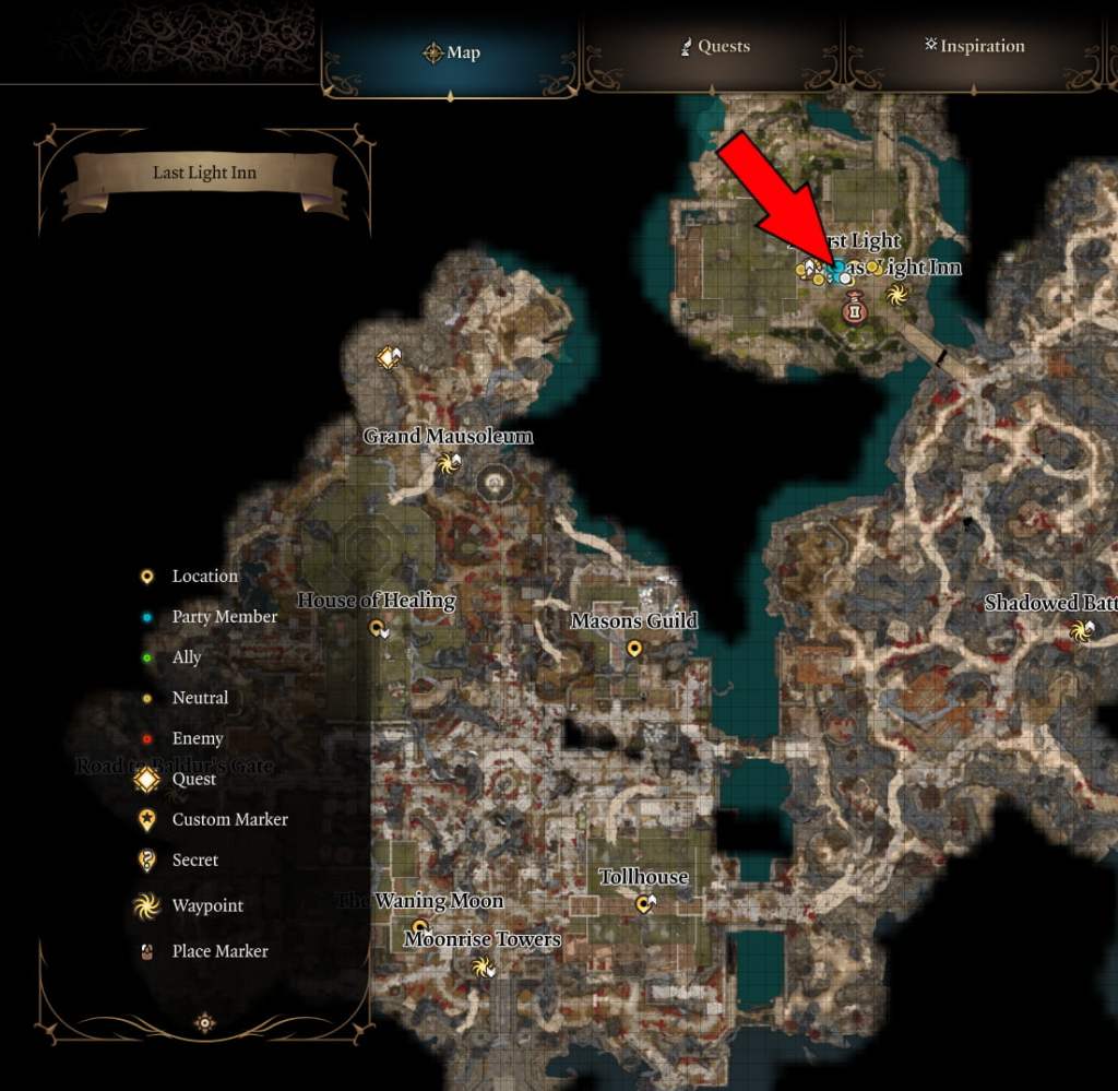 BG3 screenshot of the last light inn map with a red arrow overlaid atop the armor vendor location