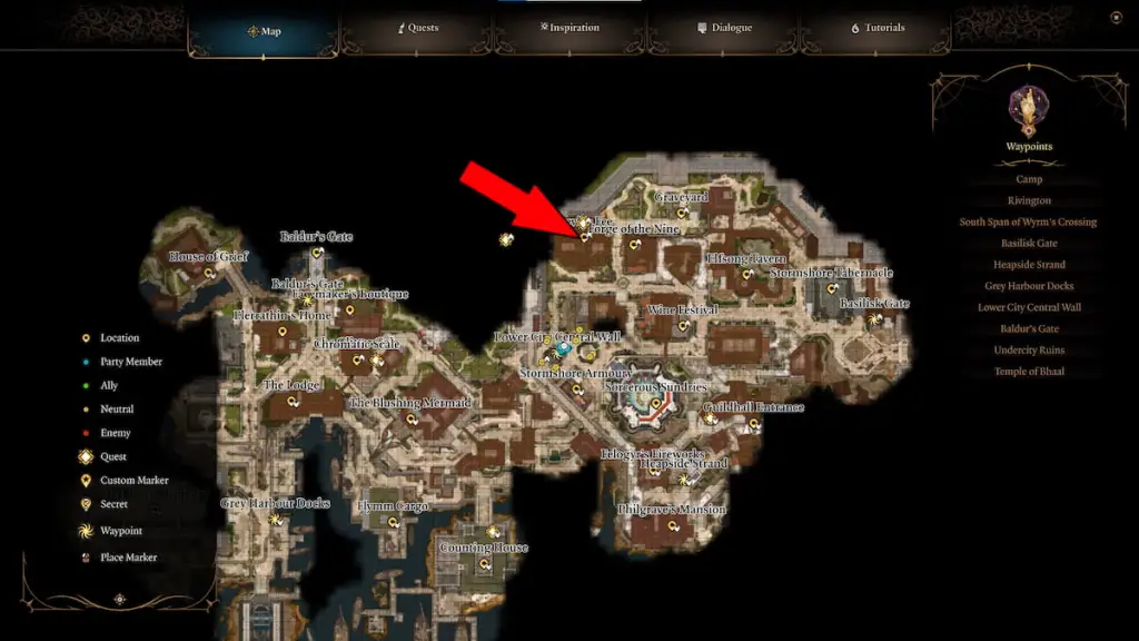 bg3 lower city map with a red arrow pointing to devil's fee location