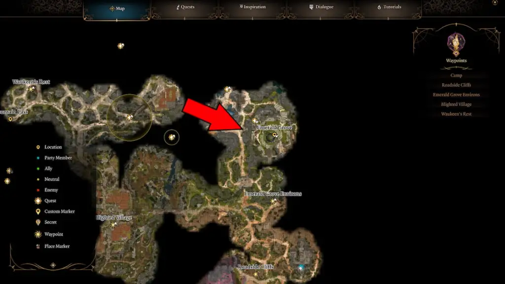 BG3 screenshot of the emerald grove map with a red arrow overlaid atop the armor vendor location
