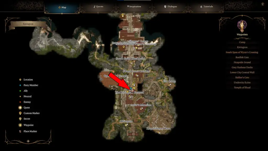 BG3 screenshot of the rivington map with a red arrow overlaid atop the armor vendor location