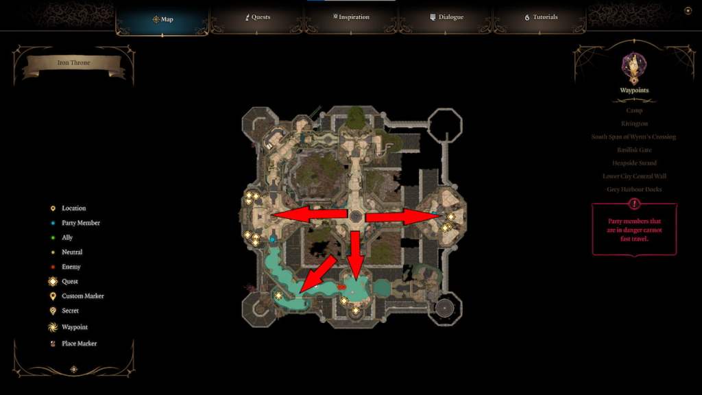 BG3 screenshot of the Iron Throne map with red arrows overlaid to show the direction of all prisoners