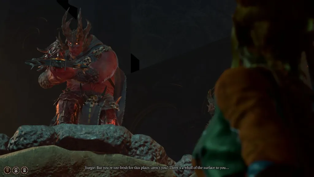 BG3 screenshot of Orthon Yurgir aiming his crossbow at the player character.