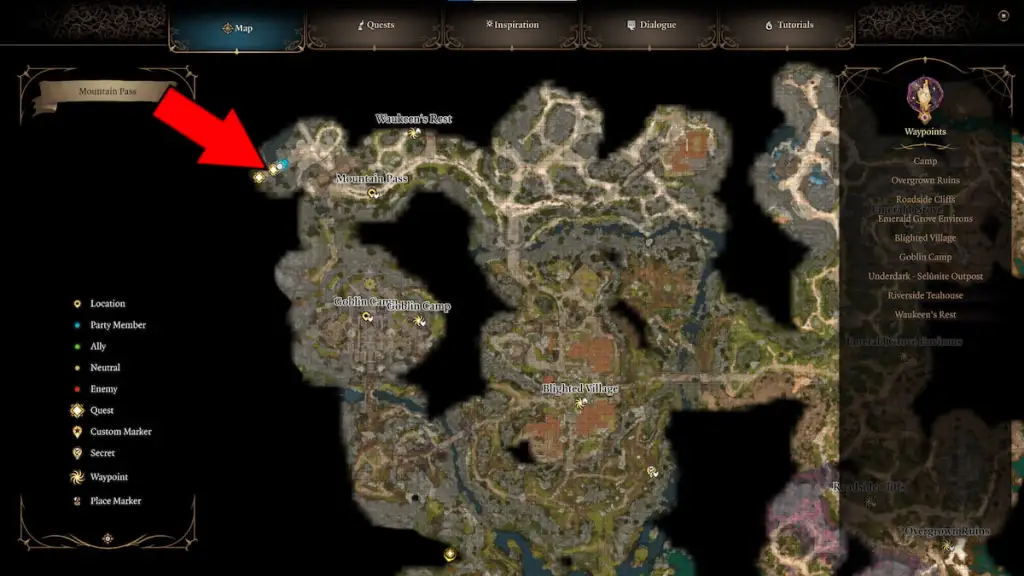 bg3 screenshot of the faerun map with an overlaid red arrow pointing to the mountain pass 