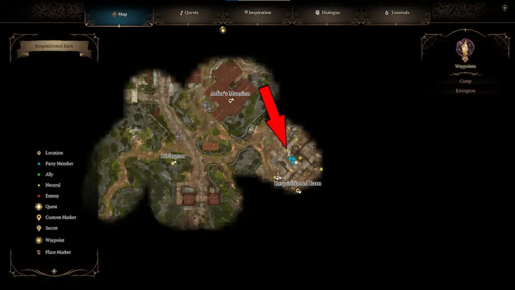 BG3 map showing Arfur's mansion