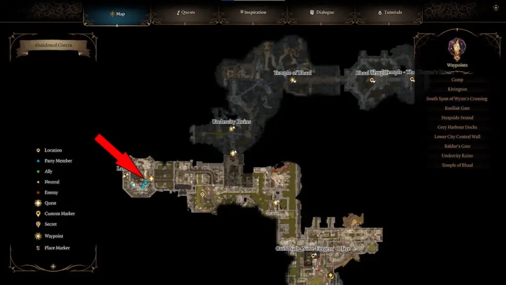 BG3 screenshot of the lower city sewers map with an overlaid red arrow pointing to the location of the abandoned cistern.