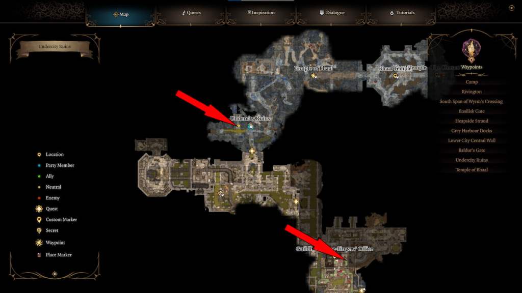 BG3 screenshot of the undercity ruins map with a red arrow overlaid atop the armor vendor location