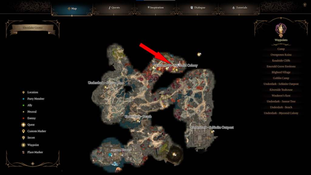 BG3 screenshot of the myconid colony map with a red arrow overlaid atop the armor vendor location