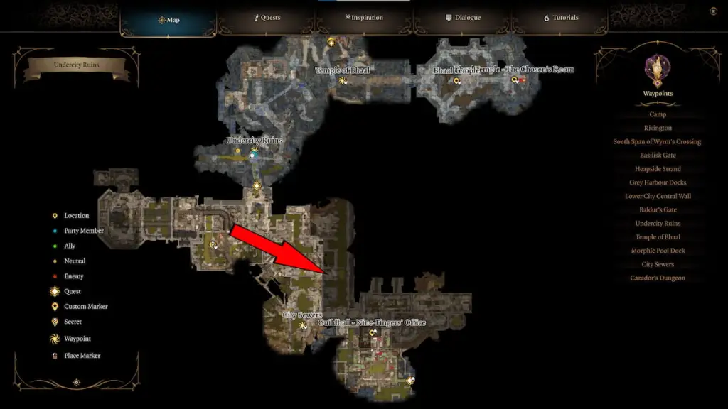 bg3 screenshot of the lower city sewers map with a red arrow pointing to voss's location.