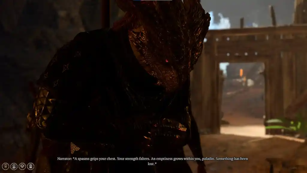 BG3 screenshot of a dragonborn paladin after just having broken a paladin oath.