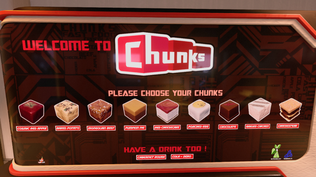 The Chunks Restaurant menu in Starfield. 