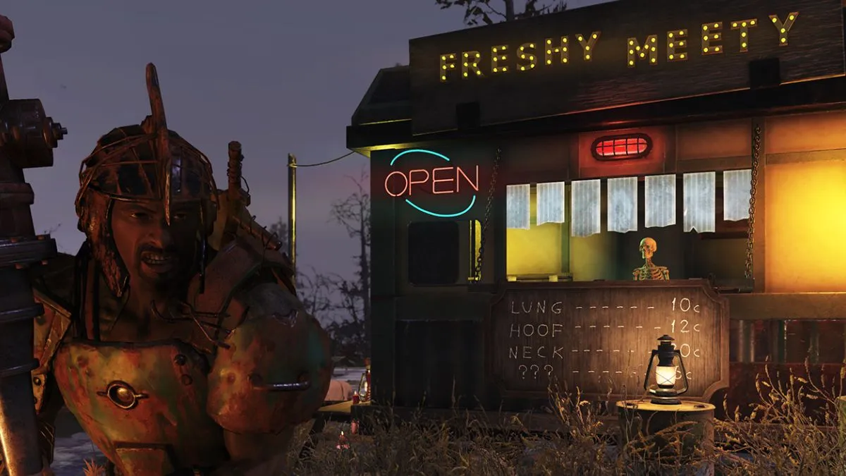 fallout 76 atomic shop with player and a shop camp behind them