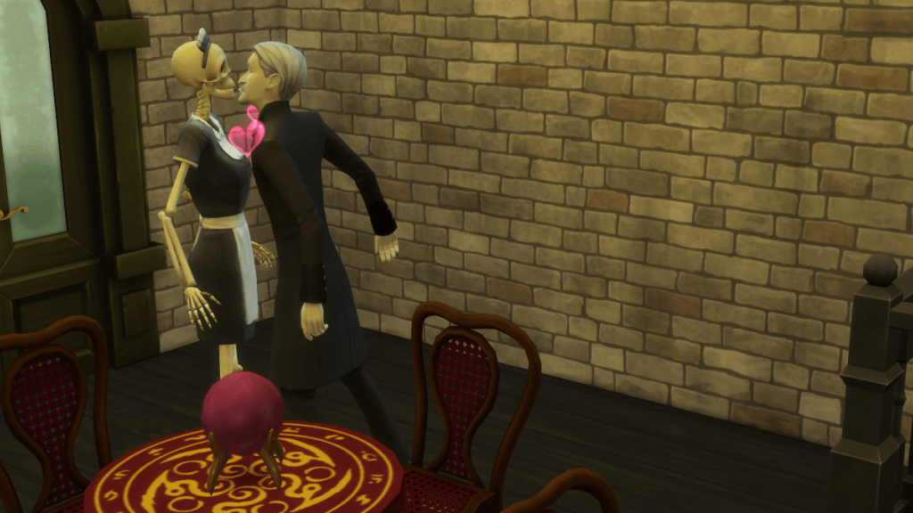 A skeleton in a French Maid's outfit is kissed by a pale male Sim. Little hearts float around them.