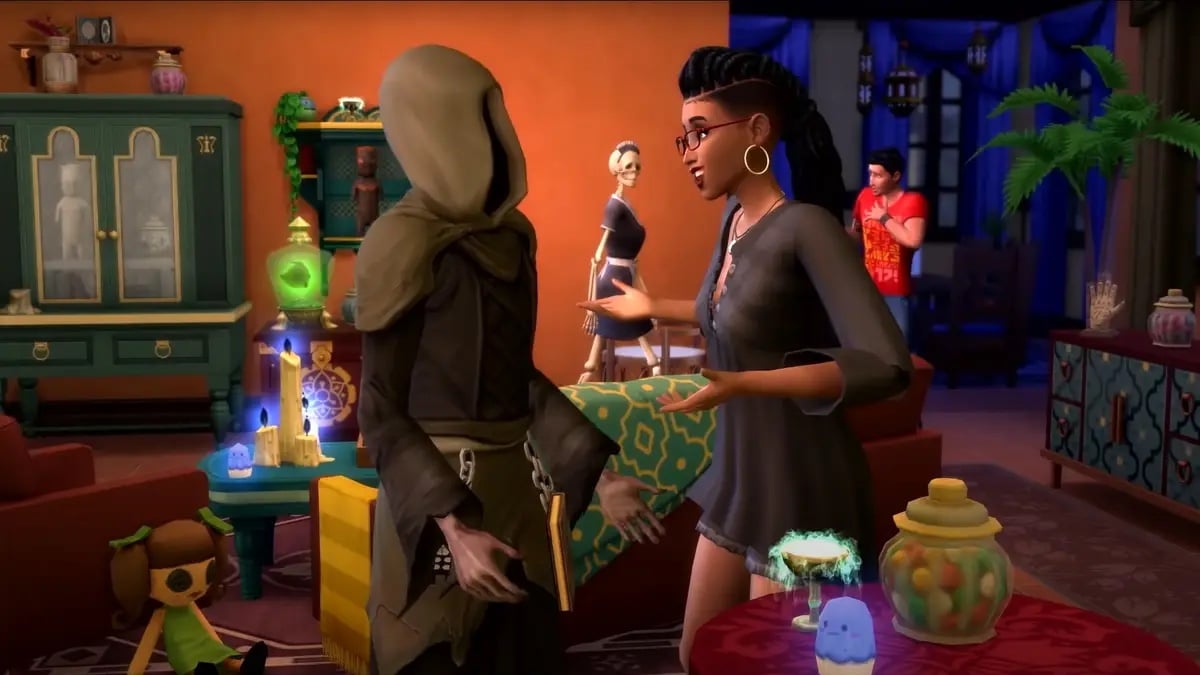 The Grim Reaper cheerfully converses with. young female Black Sim. Behind them, a skeleton in a French maid's uniform walks by... watching them.