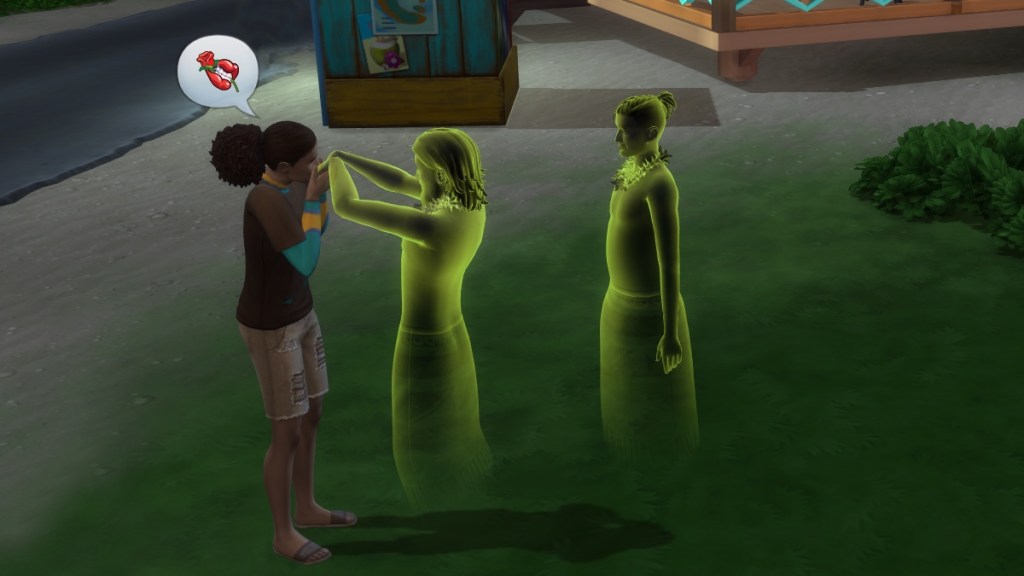 A male sim with a ponytail expresses affection and kisses the hands of a translucent green man while another translucent green man looks on.
