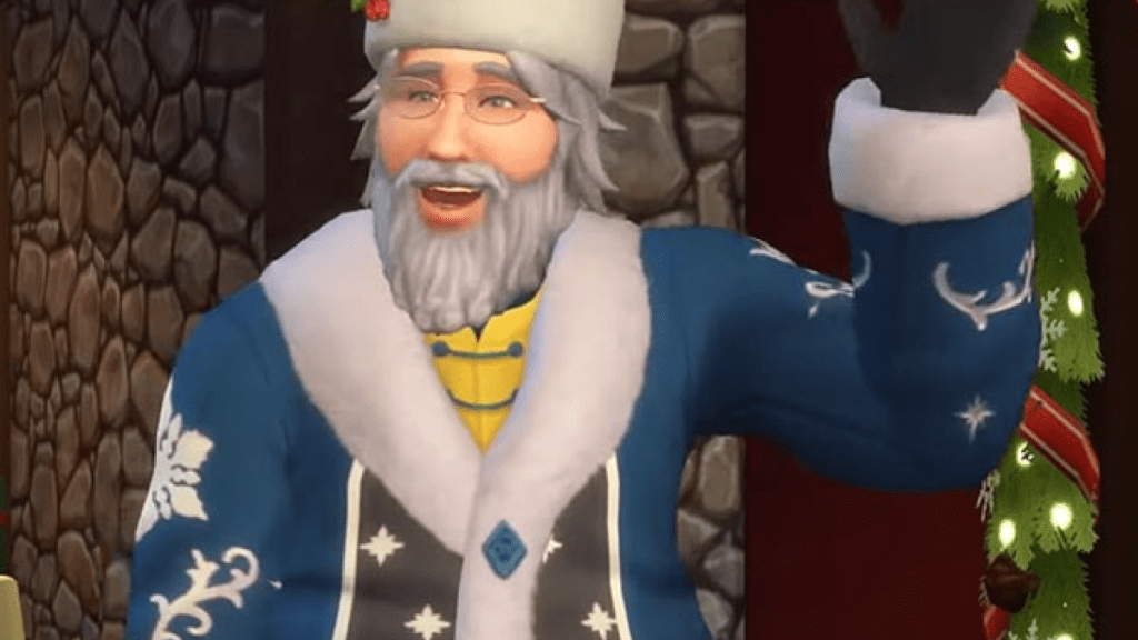 A jovial looking older male sim with grey hair and glasses waves at the camera while wearing festive winter garb.