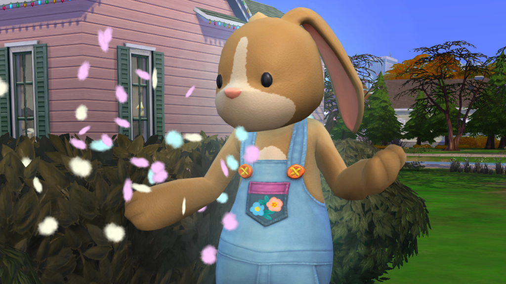 A large, cute, brown bunny Sim  in overalls throws flower petals in the air.