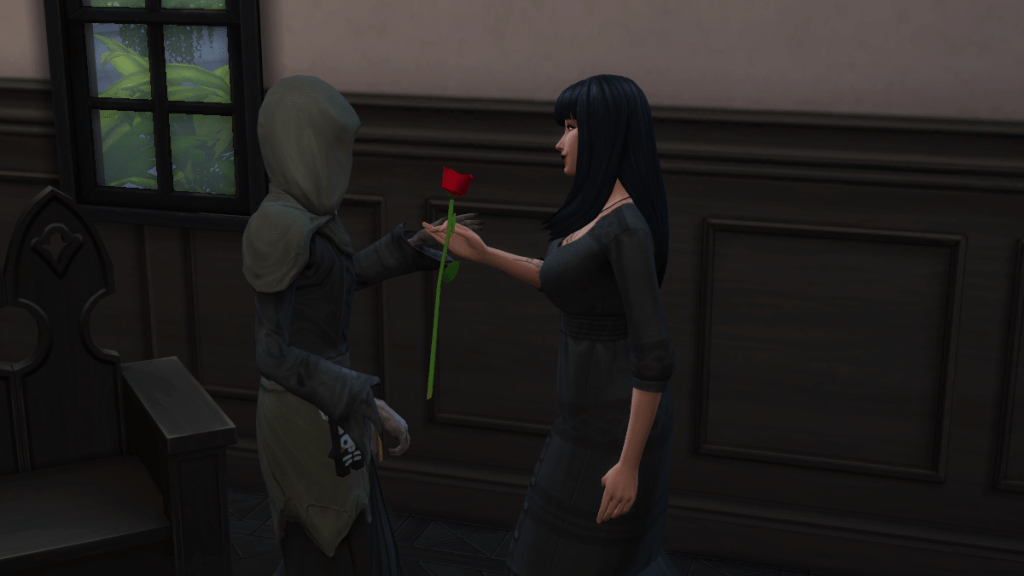 The grim reaper recieves a rose from a dark haired female Sim.