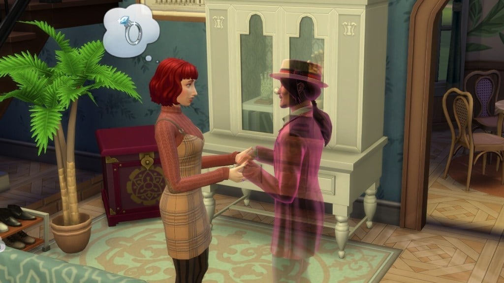 A female, red-haired, Sim thinks about engagement as she holds hands with a translucent male Sim with a hat and a ponytail.