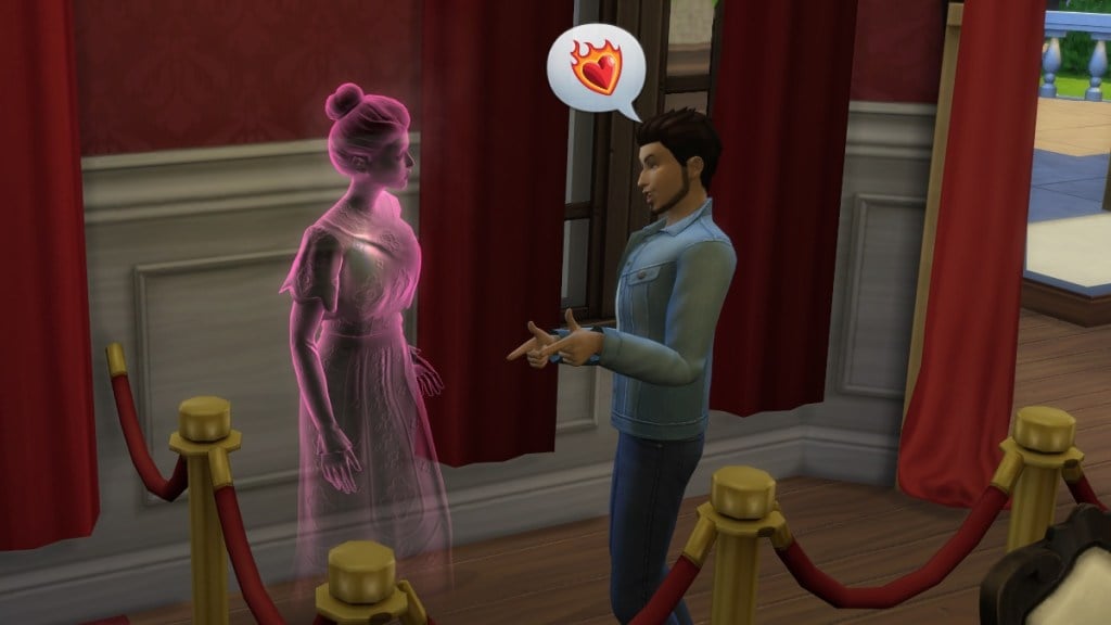 A translucent pink female Sim in a turn-of-the-century outfit listens to the advances of a modern day male Sim doing finger guns. 