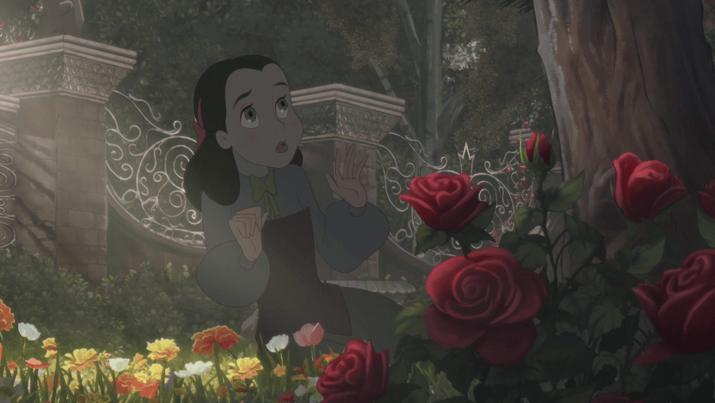 A shadowy image of a young, dark haired, girl looking startled in a meadow of flowers. A large metal fence is behind her.