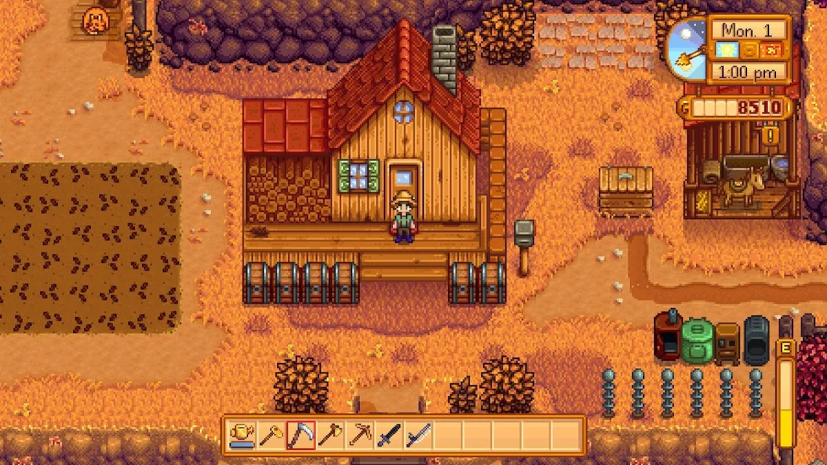 A tiny pixel person stands on the porch of their tiny pixel farmhouse in the game Stardew Valley