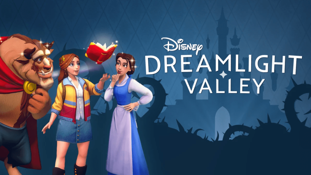 The Beast looks on as a player character extends a hand towards a levitating book. Belle observes with a thoughtful expression. Behind them, a blue background full of thorny vines with the Disney Castle logo way behind them. Text in image reads 'Disney Dreamlight Valley."