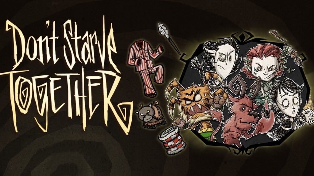 A dark and twisty text reveals several spooky illustrations of children and two non-human creatures. All of them seem ready to throw down. Text in image reads "Don't Starve Together."