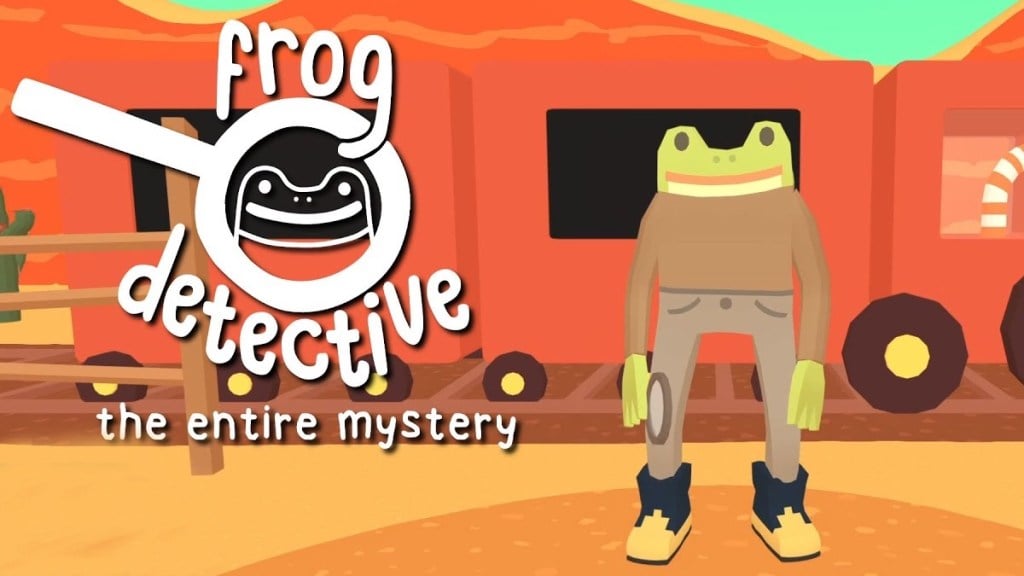 A very cute 3D animated but simply drawn frog holds a magnifying glass and wears cowboy boots. Behind him, and orange train and a western background in the same style. Included is the serires logo and the text "Frog Detective: The Entire Mystery."