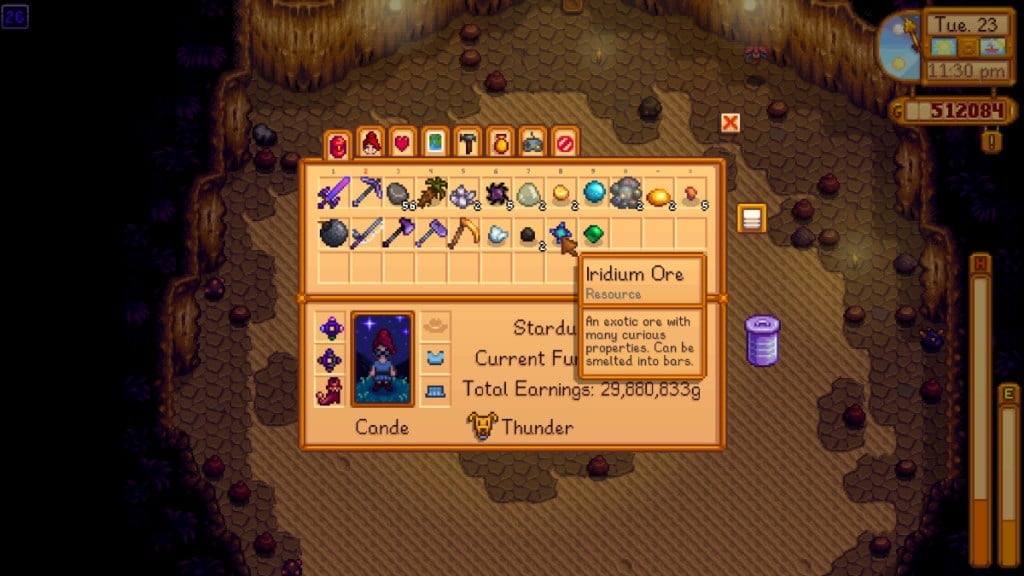 Irium Ore in the player's inventory in Stardew Valley