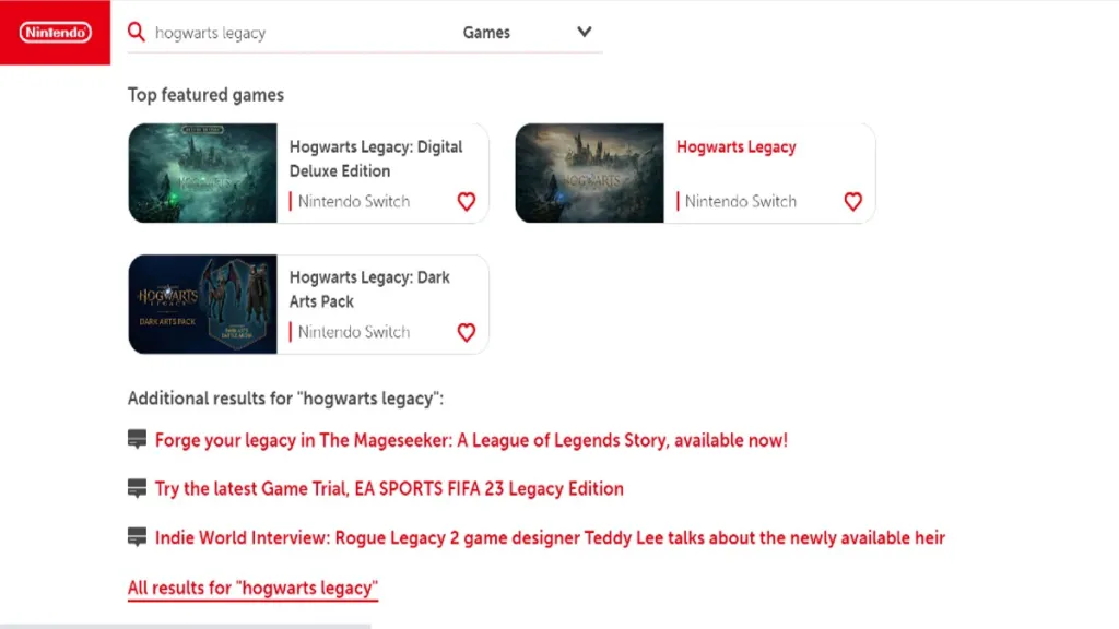 Nintendo Store Online Hogwarts Legacy