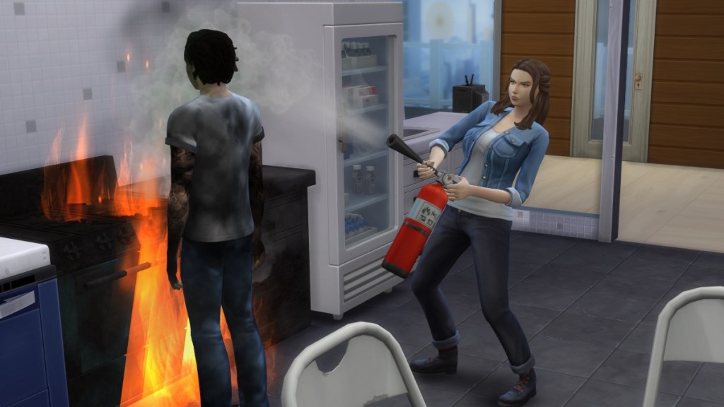 A female Sim uses a fire extinguisher to extinguish the fire on a soot-covered male sim who stands in front of a flaming kitchen. 