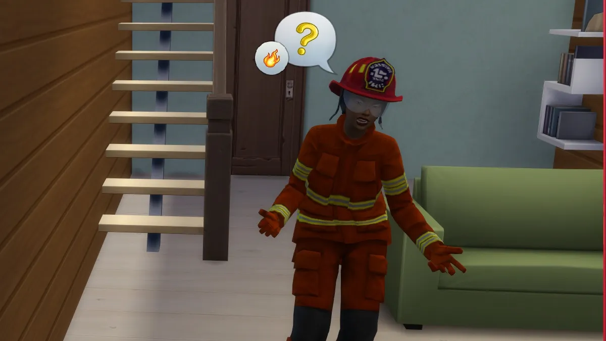 A frustrated Sims firefighter wonders about fire.