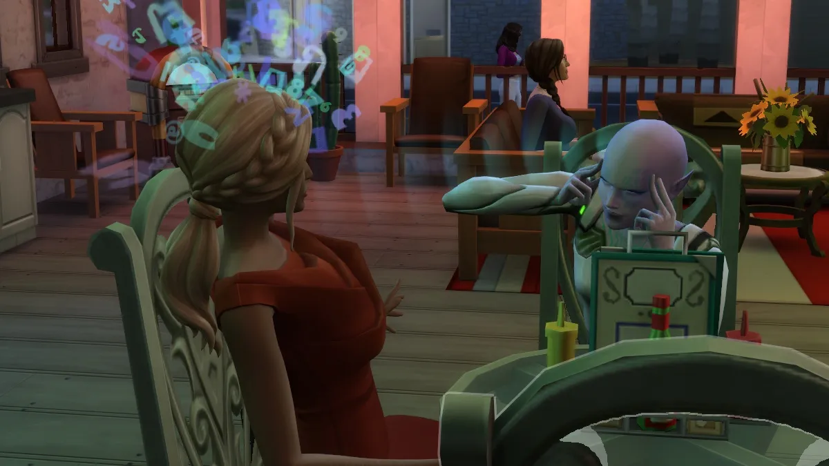 A purple alien uses her mind reading powers on an unexpecting Sim.