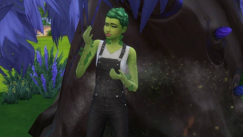 A very leafy female PlantSim in overalls examines the leaves on her arm. 