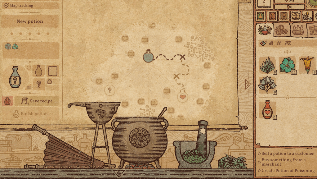 A map is behind a collection of alchemy tools. Gameplay menus are visible on the sides.